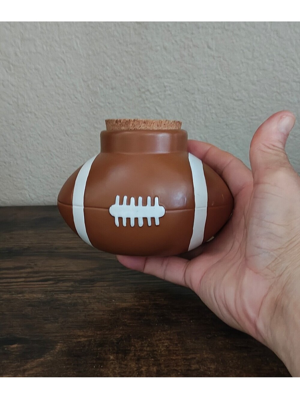 Vintage Ceramic Football Shaped Brown & White Jar/Money Jar.